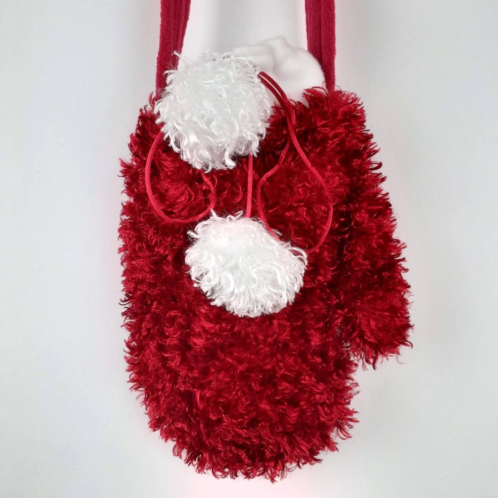 Santa Mitten Bag. Faux fur ugly sweater purse with white furry pom poms shimmery